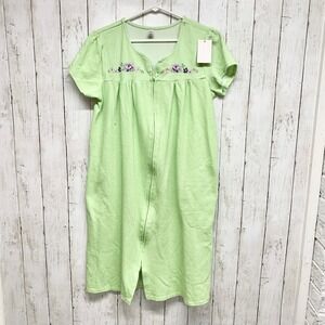 Pink K Vintage Floral Embroidered House Dress Womens Size S Green Zip Front Mumu